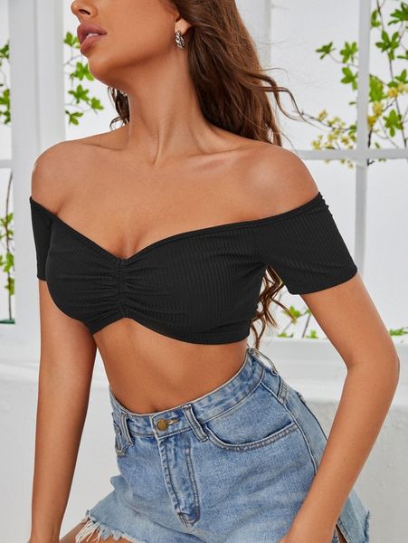 

off shoulder rib knit crop a0ga#, White