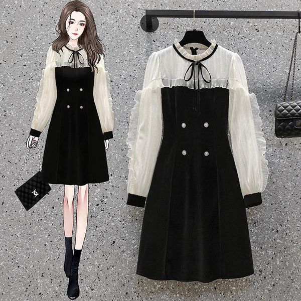 

casual dresses 2022 plus size spring vintage women double-breasted corduroy patchwork mesh ruffles lace up bow ladies vestidos, Black;gray