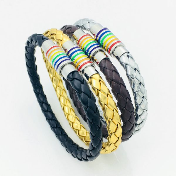 3PCS Mode Edelstahl Regenbogen Magnetische Schnalle Armband Mit PU Leder Armband Homosexuell