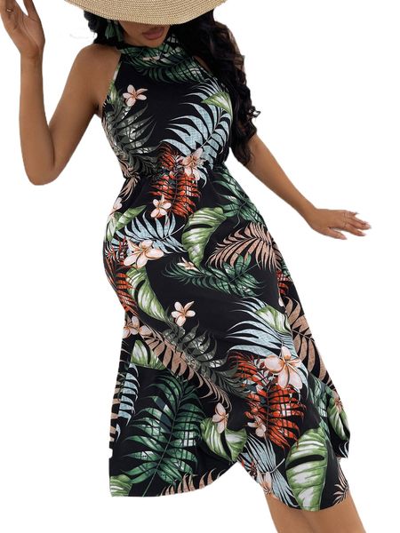 

tropical print cut out dress y9ax#, Black;gray