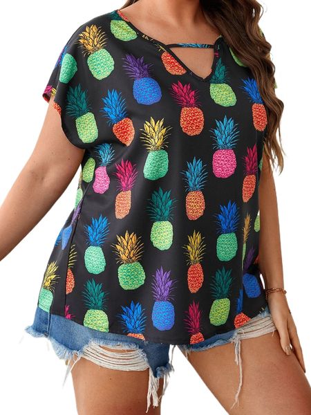 

plus pineapple print cut out batwing sleeve blouse t2vc#, Black