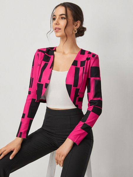 

geo print open front crop blazer z9xk#, White