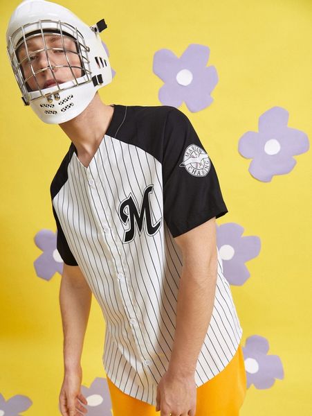 

men pinstriped & letter graphic raglan sleeve shirt without tee o0z1#, White;black