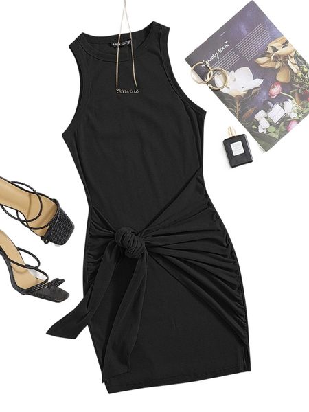 

ruched tie front solid bodycon dress t2gm#, Black;gray