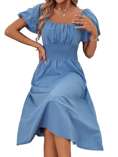 

ruched bust puff sleeve shirred dress b7gt#, Black;gray