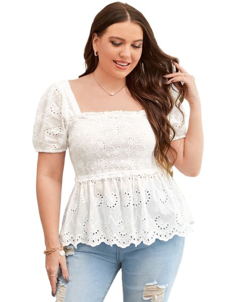 

plus eyelet embroidery square neck puff sleeve shirred peplum blouse m1ew#, Black