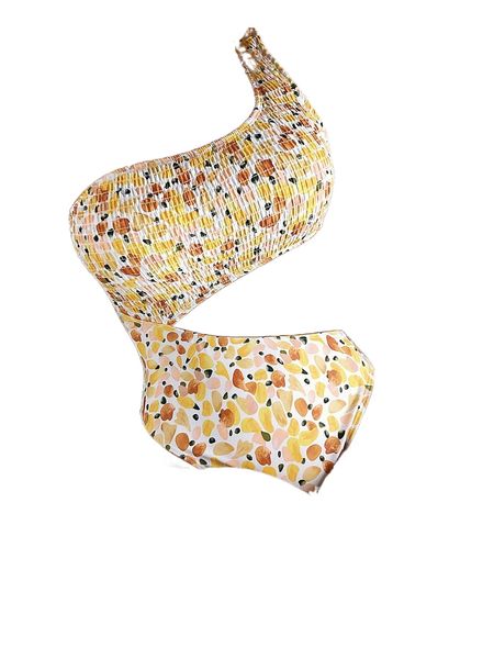 

random print smocked cut-out one piece swimsuit a6sm#, White;black