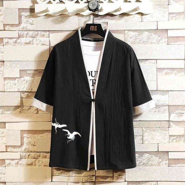 

summer new mens shirts simple design one button collarless 100% cotton short sleeve crane chinese white black shirt 4xl 5xl 210412
