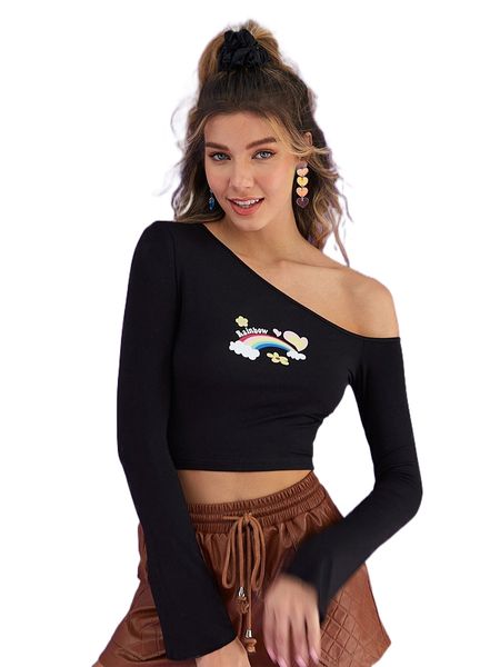 

one shoulder rainbow print crop tee 15c6#, White