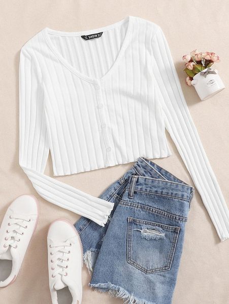 

rib-knit single breasted tee m7bz#, White