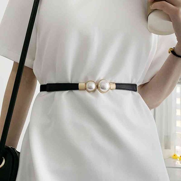

belts designer luxury women's belt pearl buckle skirt decoration thin elastic waist seal, Black;brown