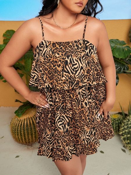 

sxy plus leopard & zebra striped print ruffle high low hem cami dress l5j6#, Black