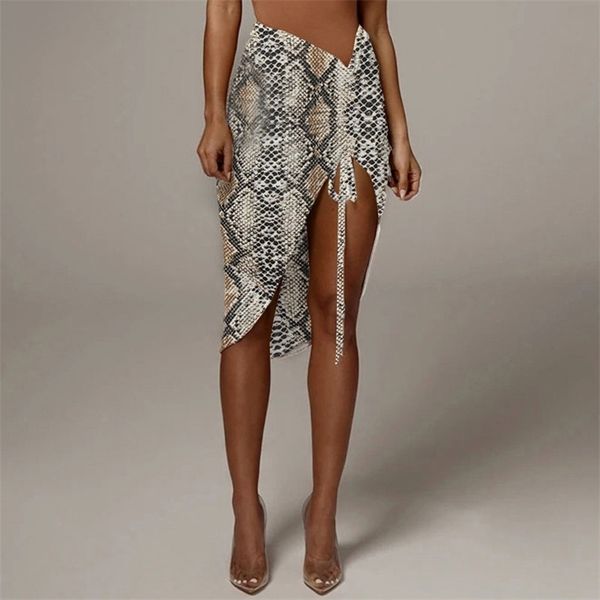 

high waist lace up mini skirts ruched drawstring hip tight slit snake leopard skirt club wrinkled pary skort g1860b 220322, Black