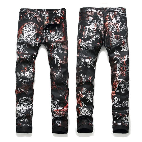 

street fashion printed jeans man stretch slim fit casual, Blue