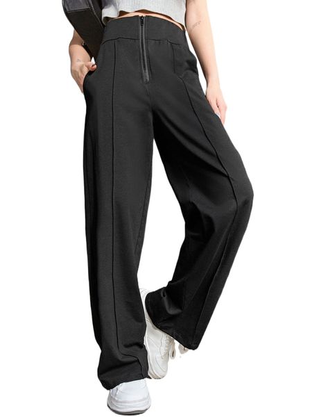 

dazy slant pocket zipper up wide leg pants l5ad#, Black;white
