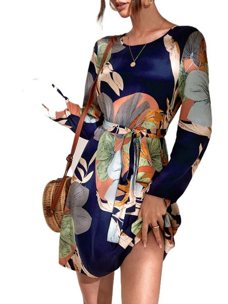 

tropical print belted dress 63po#, Black;gray