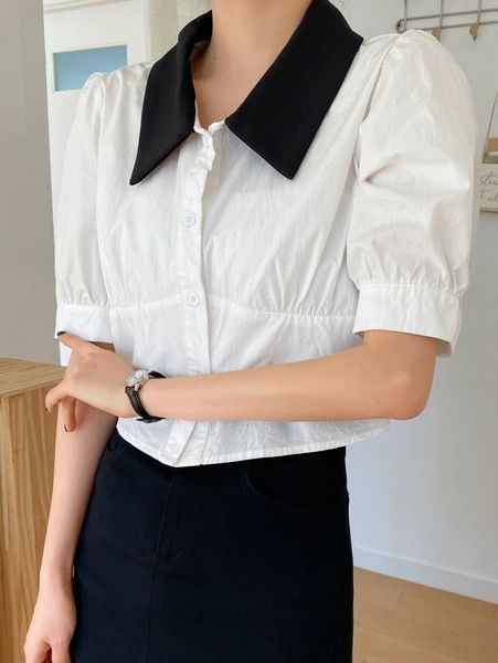 

dazy contrast collar puff sleeve blouse n33d#, White