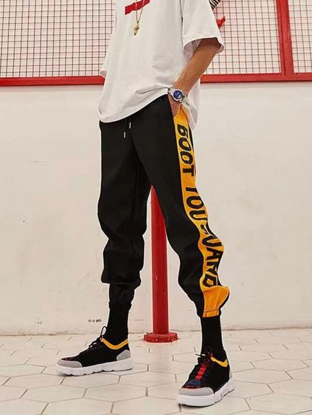 

men letter graphic colorblock drawstring waist pants f6ks#, Black