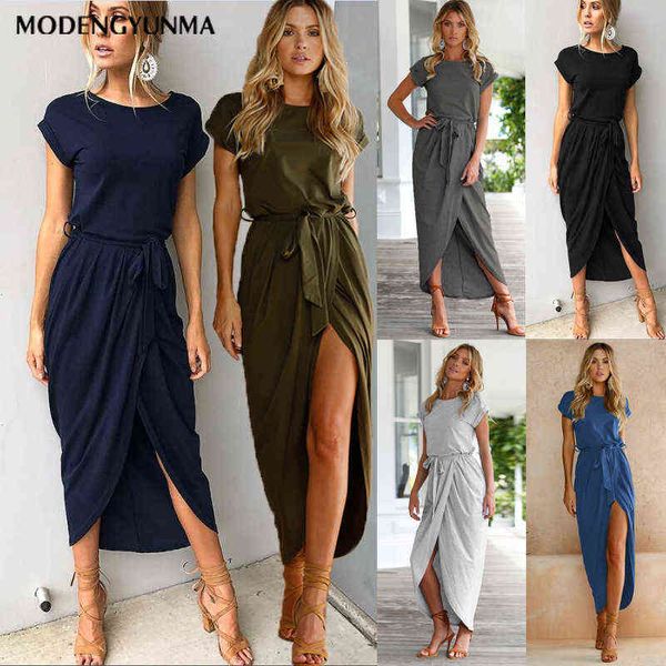 Vestido de cor sólido de cor da moda Summer Solid Casual O-pescoço de vestidos soltos de manga curta