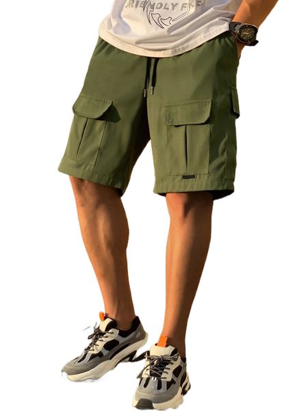 

men drawstring waist flap pocket cargo shorts 21bm#, White;black