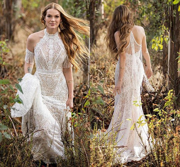 

bohemian beach mermaid wedding dresses 2022 country garden halter corchet lace tassel sweep train bridal gowns abito da sposa, White
