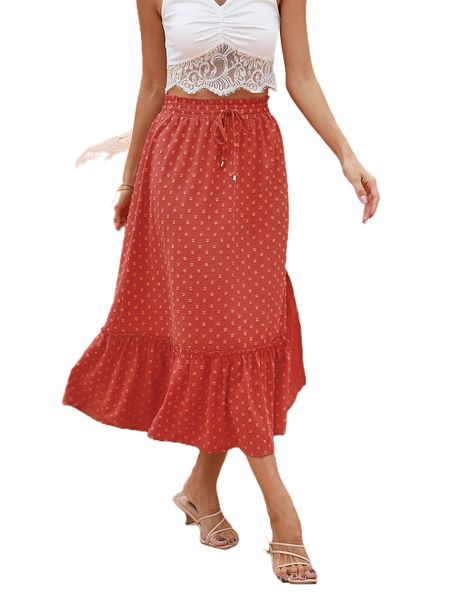 

swiss dot frill trim split thigh drawstring waist skirt s2km#, Black