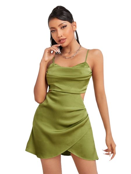 

petite draped cut out wrap hem cami dress m859#, Black;gray