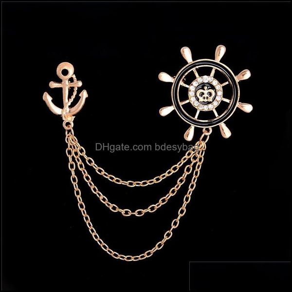 Pins Broschen Schmuck Großhandel - Neue Gold Anker Brosche Pin für Frauen Revers Strass Kragen 1 Stück Vintage Retro Herren Bankett Anzüge Pins