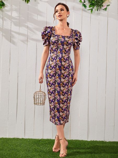

puff sleeve allover floral print bodycon dress h562#, Black;gray