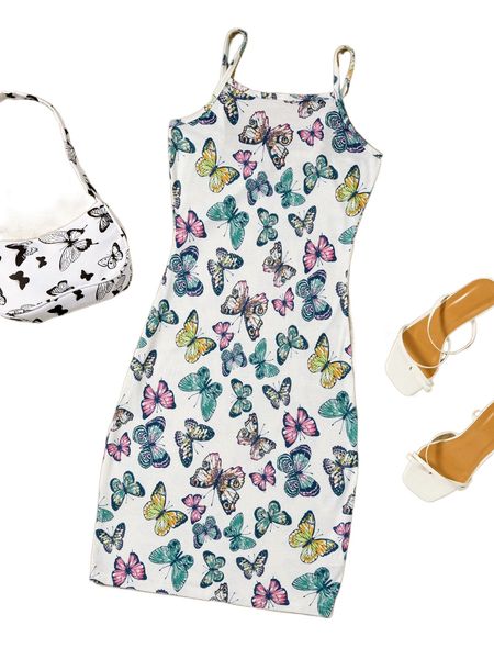 

butterfly print cami dress v96c#, Black;gray