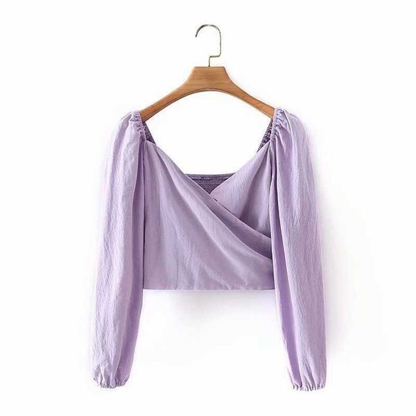 

hsa women summer long sleeve ruffle vintage blouse with puff sleeves lace up ladies bandage crop purple shirt 210716, White
