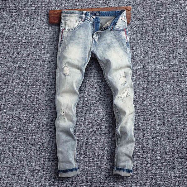 

men's jeans fashionable men's jeans worn light blue washed hole patch high street slim fitting denim trendy pants 6gxu