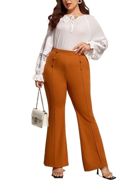 

plus button front flare leg pants 394t#, Black