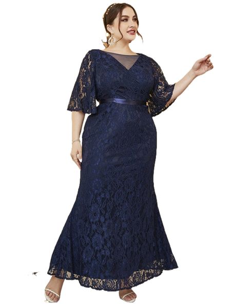 

plus flutter sleeve contrast tape mermaid hem lace dress 60kp#, Black