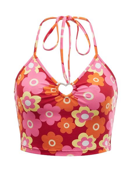 

mod floral print heart-ring cutout halter t1ao#, White