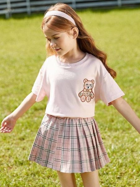 

girls cartoon embroidery tee & plaid pleated skirt set she, White
