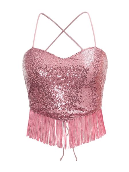 

strappy back rhinestone fringe hem sequin cami s5kt#, White
