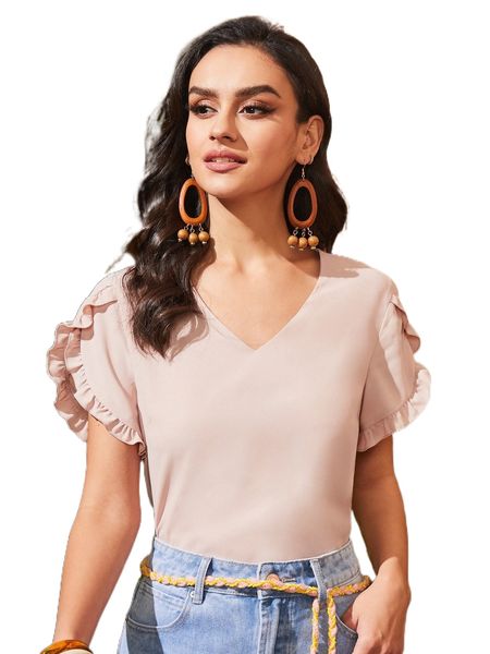 

frill trim petal sleeve blouse u65p#, White