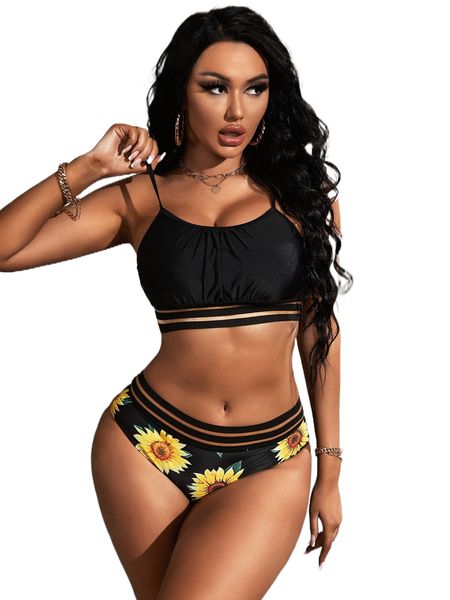

sunflower print contrast mesh bikini swimsuit 83pb#, White;black