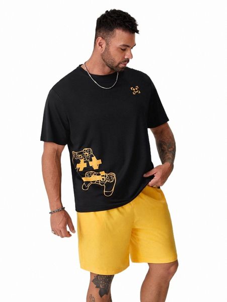 

extended sizes men gamepad print tee & slant pocket shorts x2ht#, Gray