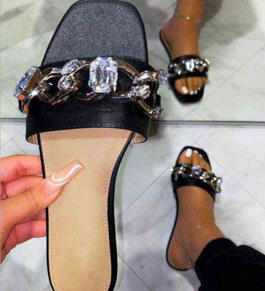 

summer women new fashion sandals all match flat bottomed diamond chain outdoor hundred beach slippers220514, Black