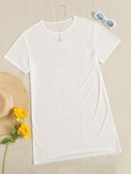 

drop shoulder sheer mesh dress m6oi#, Black;gray