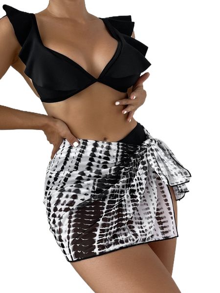 

striped ruffle trim bikini swimsuit with beach skirt 27vd#, White;black