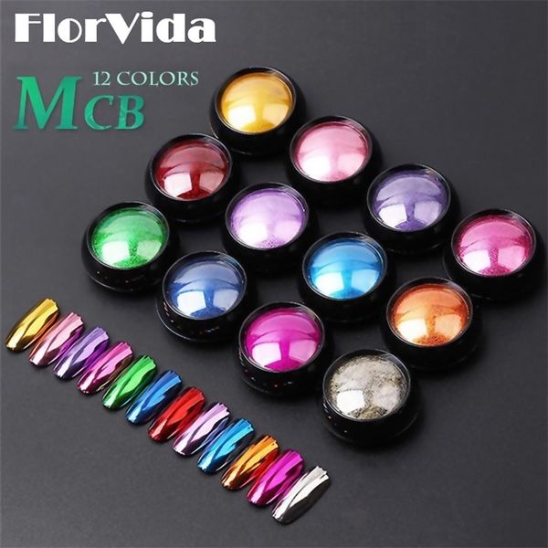 Florvida 12pcs Definir espelho mágico Glitter Powder Nail Art Pigment Crome Poeira esfrega no design da unha para manicure holográfico mcb 220525