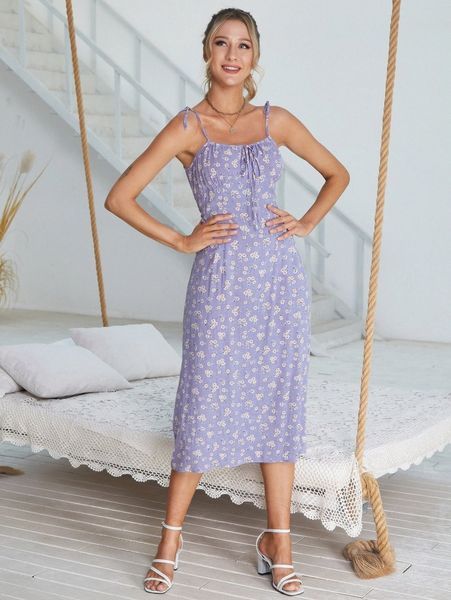 

d& tie front knot straps ruched bust floral cami dress q0qz#, Black;gray