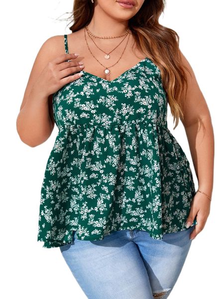 

plus ditsy floral print peplum cami m5gk#, Black