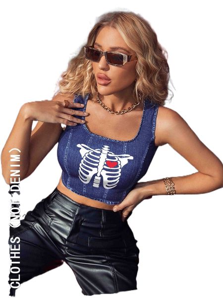 

skeleton & heart print chambray tank h1dv#, White