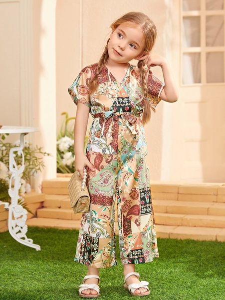 

toddler girls floral & paisley print batwing sleeve belt jumpsuit she, Blue
