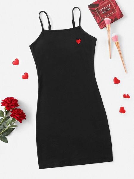 

heart embroidery cami bodycon dress l1fo#, Black;gray