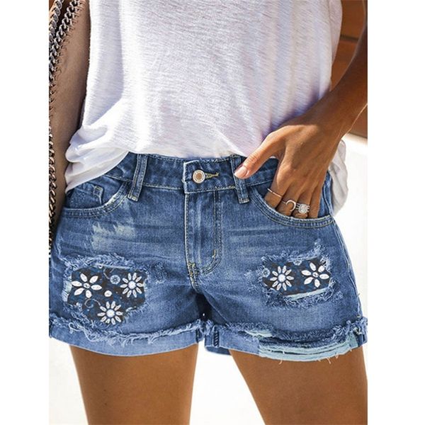 

high waist women's jeans fashion street ripped denim shorts plus size loose printed blue for women summer 220509, White;black